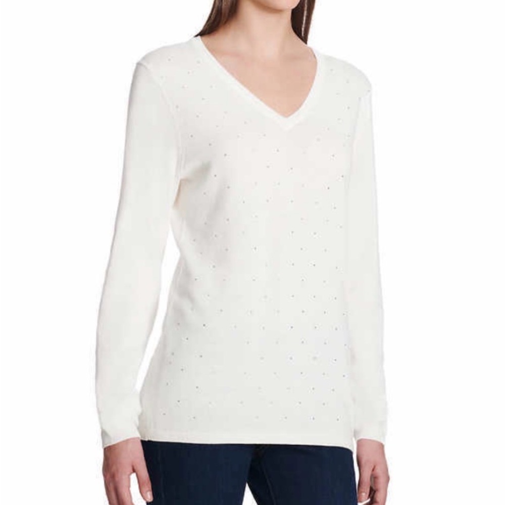 DKNY Beaded Bedazzled Minimalist White Long Sleeve Women's Top